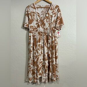 Brown Leaf Print Wrap Front Midi Dress L Soft Stretchy Ruffle Hem SP LA Pockets